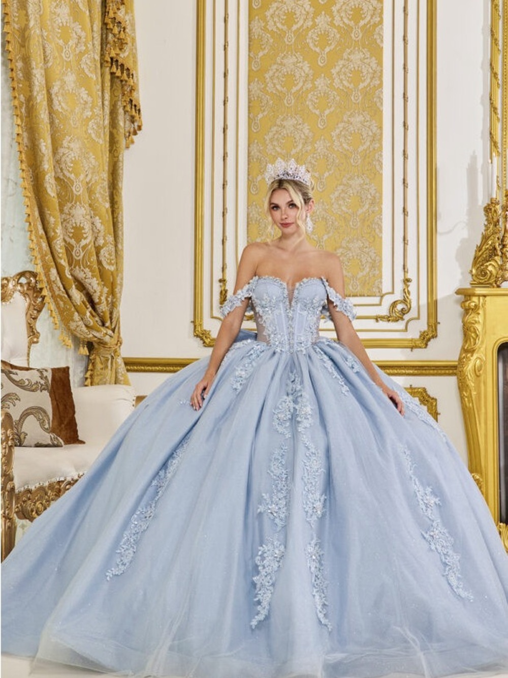 Dancing Queen Quinceañera Dusty Blue Off-Shoulder Ball Gown with Lace Appliqué